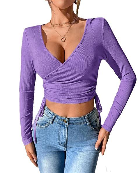women s blouses and tee crop medium stretch plain casual plain deep v neck violet purple t shirts