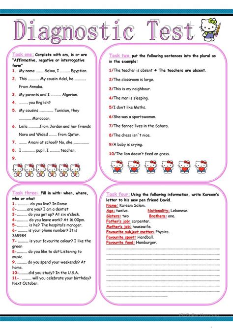It does not assess reading comprehension or spelling. diagnostic test for beginners worksheet - Free ESL printable worksheets made by teachers
