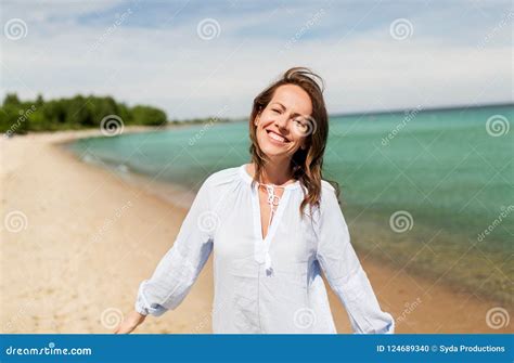 Happy Smiling Woman On Summer Beach Stock Photo Image Of Happy