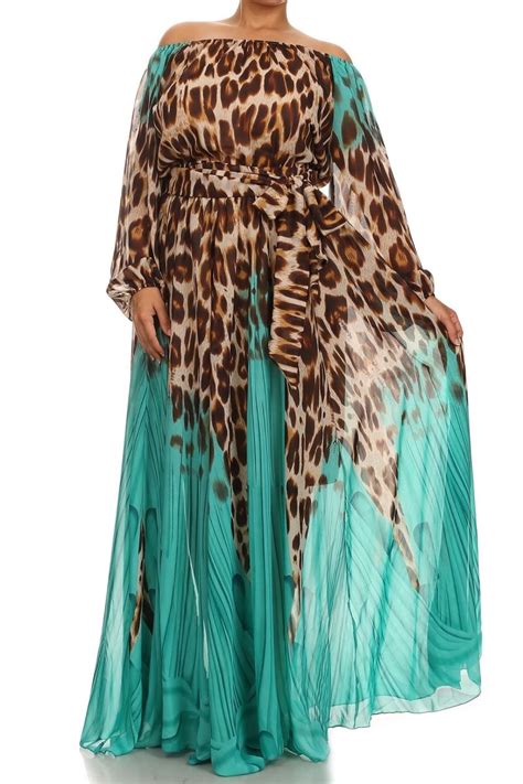 Plus Blue Animal Leopard Print Full Sweep Chiffon Maxi Dress