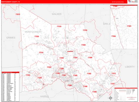 Montgomery County Tx Zip Code Wall Map Red Line Style By Marketmaps