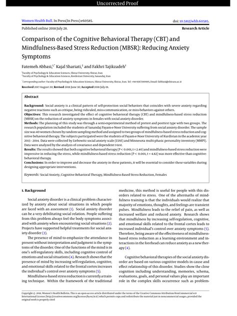 pdf comparison of the cognitive behavioral therapy cbt and mindfulness based stress