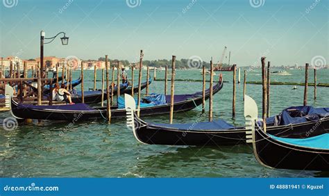 Gondolas Moored By Saint Mark Square Venice Italy Editorial Photo
