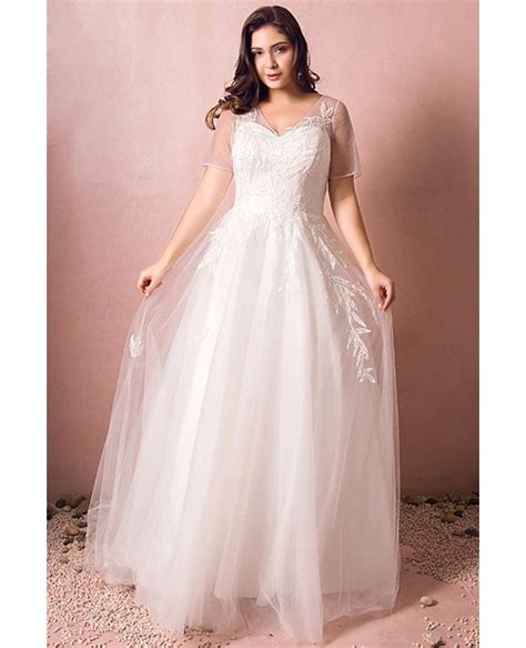 Simple Modest Plus Size Beach Wedding Dress Illusion Sleeves Long Tulle