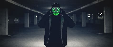 Download Wallpaper 2560x1080 Man Mask Hood Anonymous Glow Dual Wide