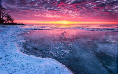 Ice Winter Lake Sunset Sunrise Sky Clouds Beaches Shore Wallpaper