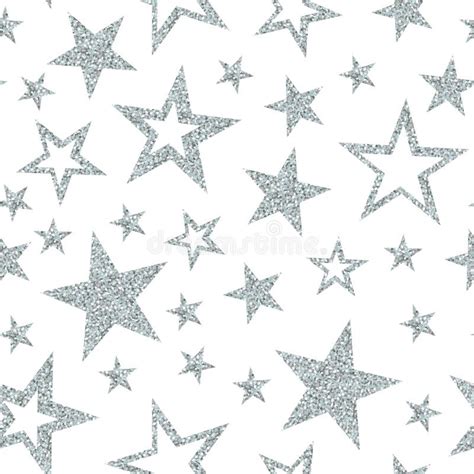 Silver Stars On White Background Seamless Pattern With Glitter Stars