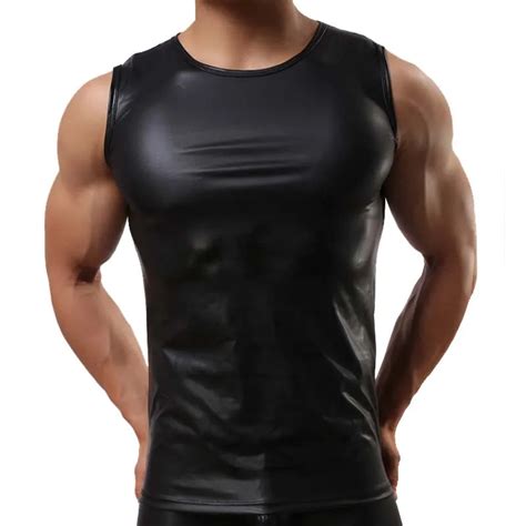 Tank Top Men Fashion 2018 Sexy Faux Leather Solid Black Men Tank Top Slim Fitness Sleeveless