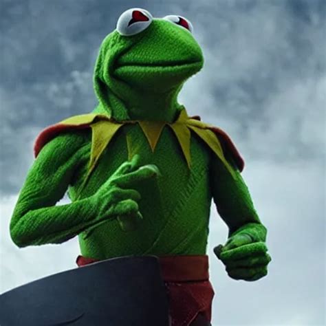 Photo Of Kermit The Frog As Thor Holding Mjolnir In Stable Diffusion