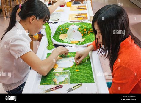 Vietnam Halong Bay Halong City Girls Making Needlework Picture Stock