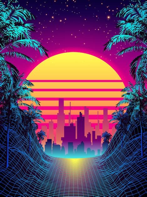 premium vector retro 80s style tropical sunset with palm tree silhouette and gradient sky