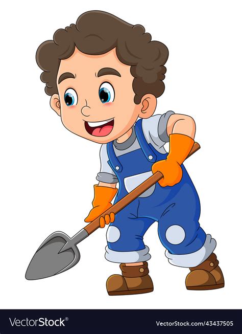 Builder Boy Is Digging The Ground With The Shovel Vector Image