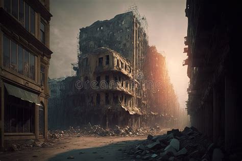 Destroyed City Post Apocalyptic War Zone Stock Illustration