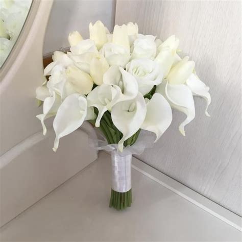 White Bridal Bouquet White Calla Lilly Bouquet Silk Rose Flower