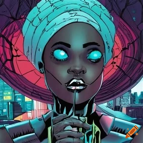 Futuristic Comic Book Cover Featuring An African Woman Detective In A Solarpunk World