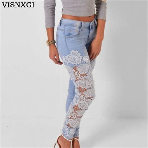 Sexy Women Denim Light Blue Skinny Jeans Crochet Lace Party Female Carve Flower Pants For Women