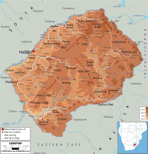 Large Physical Map Of Lesotho With Roads Cities And Airports Lesotho