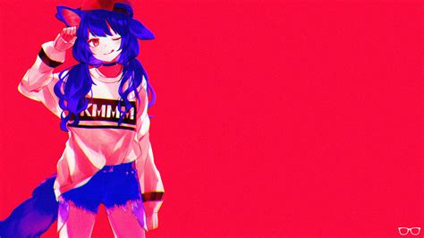 Wallpaper Anime Girls Nekomimi Red Blue Simple