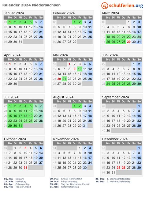 Kalender 2024 Ferien Niedersachsen Feiertage