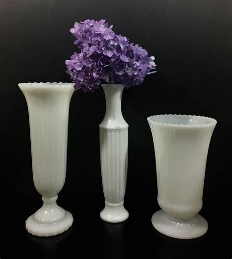 Vintage Milk Glass Vases Tall Ribbed Fluted Pedestal Flower Etsy
