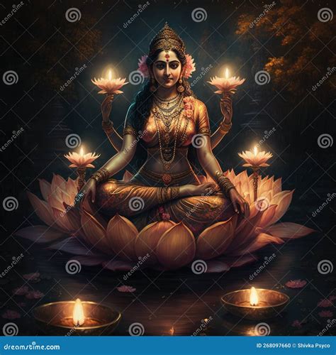 Hindu Godess Laxmi Sitting On Lotus Magical Glow Generted By