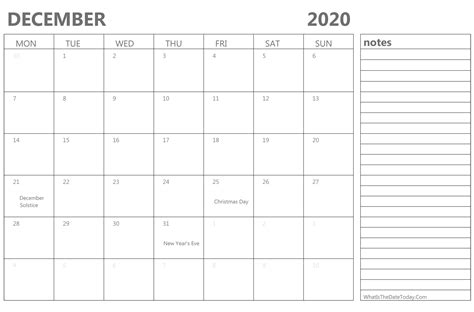 Editable December 2020 Calendar With Holidays And Notes