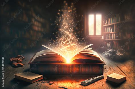 Aged Book Of Magic Open Emitting Magical Sparks And Smoke Evoking An
