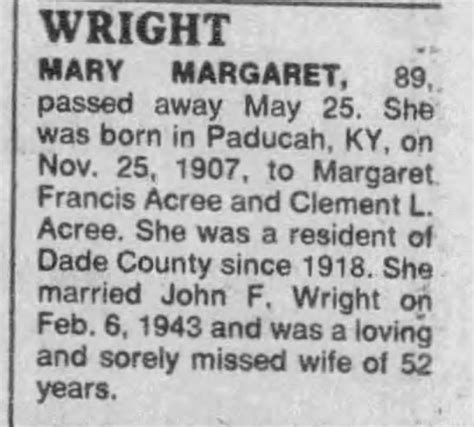 Mary Margaret Acree Wright Obituary 1997