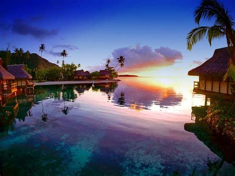 tropical sunrise pretty glow riverbank shore cottages bonito sunset clouds hd wallpaper
