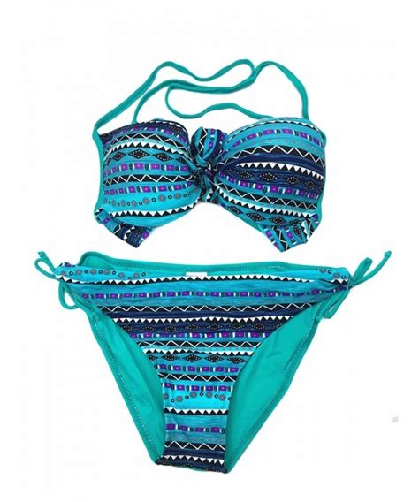 sexy two piece bikini lace up bikini set push up swimsuit bohemia style swimwear blue