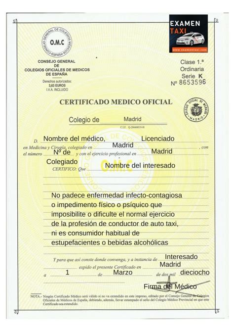 Certificado Médico Del Taxi Reconocimiento Médico Examen De Taxi