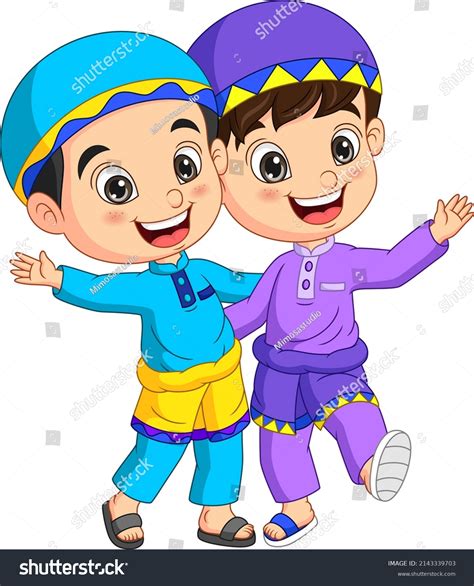Two Happy Muslim Boy Cartoon Waving Stock Vector Royalty Free