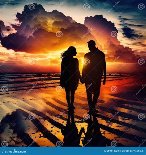 Silhouetted Couple Holding Hands On The Beach At Sunset Generative Ai Illustration Stock
