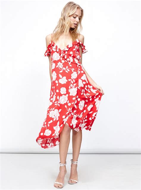 Red Floral Print Ruffled Cold Shoulder Plunge V Wrap Midi Dress On Luulla