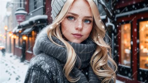 premium ai image a girl in a grey coat with freckles and a scarf
