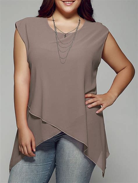 Plus Size Asymmetrical Chiffon Blouse Khaki 2e94505321 Size 4xl