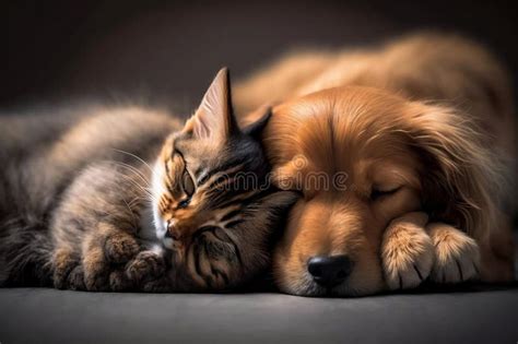 Two Pets A Cat And A Dog Sleeping Together In A Cozy Nap Stock