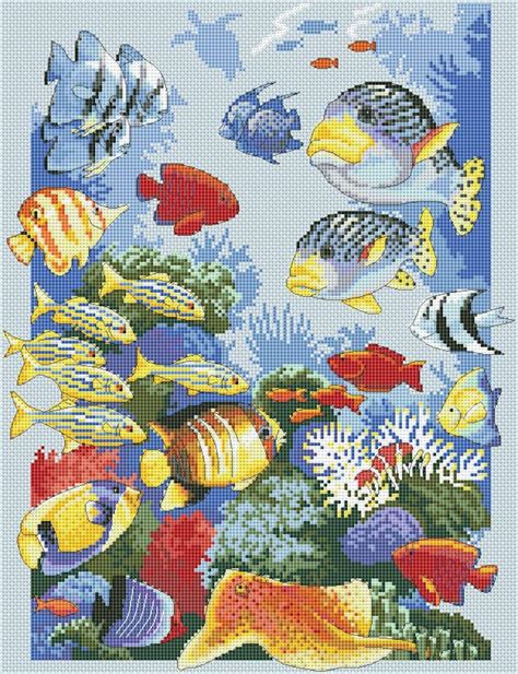 Sea Life Cross Stitch Pattern Fish Corals Tropical Blue Etsy