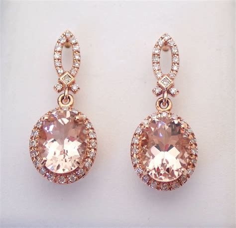 Morganite And Diamond Dangle Drop Halo Earrings 14K Rose Gold Wedding Gift