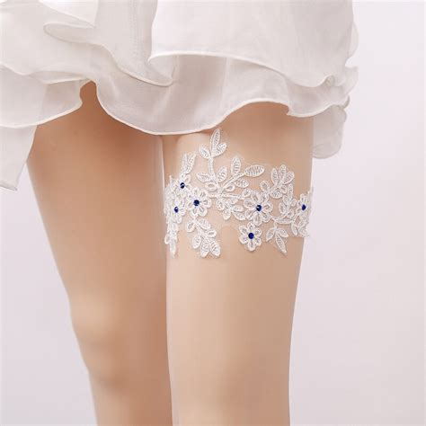 Wedding Garter Blue Rhinestone Embroidery Flower White Sexy Garters For Womenfemalebride New