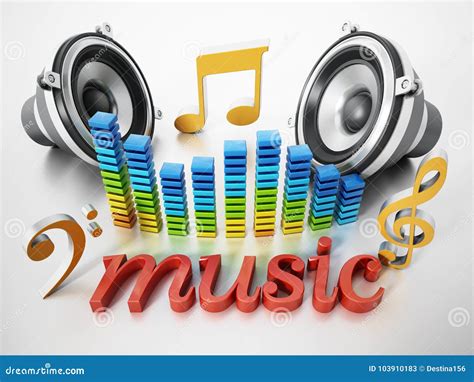 Music Word Speakers Music Notes And Equalizer 3d Illustration Stock