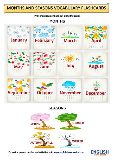 Days Months Seasons Vocabulary Flashcards Worksheet Vocabulary