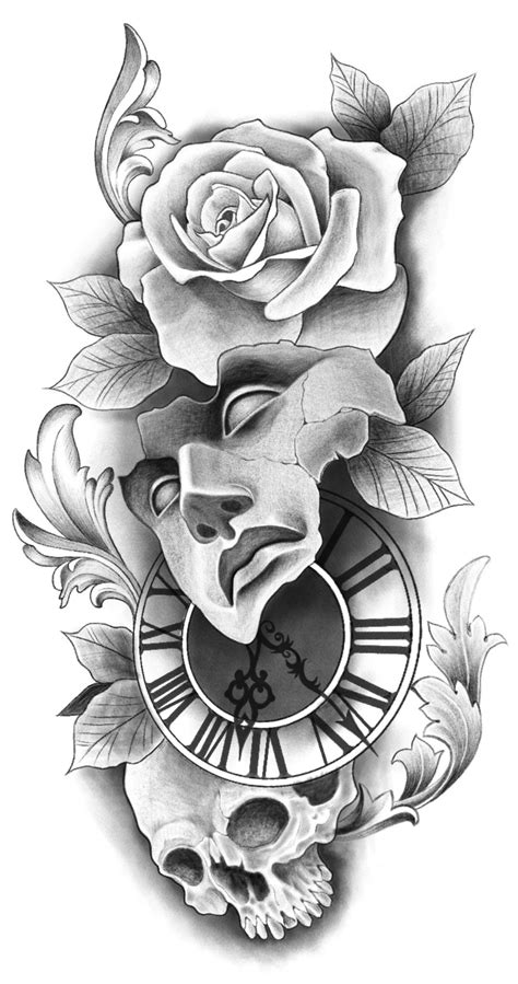 A Tattoo Design With Roses And A Clock On The Back Of Its Arm