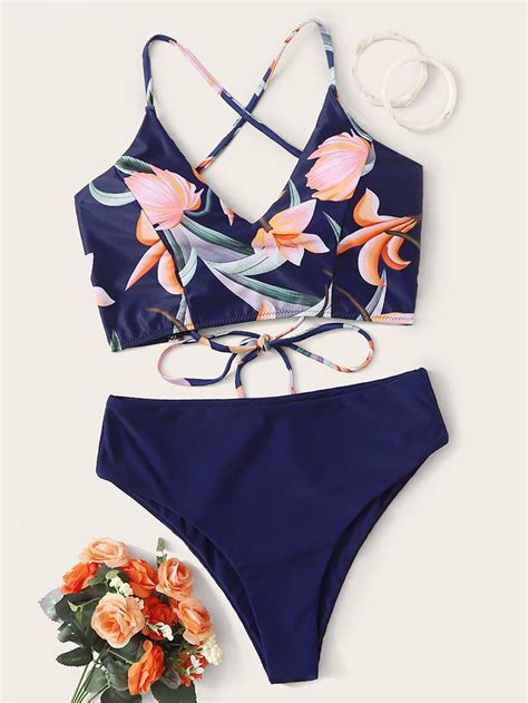 Floral Criss Cross Tie Back Bikini Swimsuit Bikini Swimsuits Bikinis Swimsuits