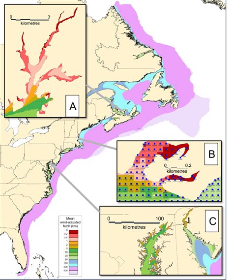 A Map Of Mean Wind Adjusted Fetch On The East Coast Of North America