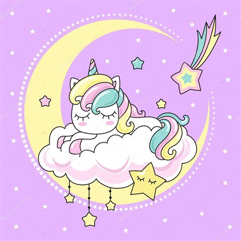 Lindo Pequeño Kawai Unicornio Arco Iris Durmiendo Una Nube Sobre