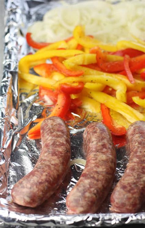 Over medium heat, coat pan with 1 tablespoon olive oil, add sausages and cook 2 to 3 minutes per side, to brown. Sausage, Peppers, and Onions - Sheet Pan Dinner