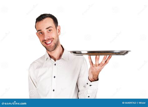 Handsome Waiter Holding An Empty Silver Tray Isolated On White Stock