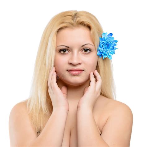 Young Beautiful Blonde Girl With Blue Flower Stock Image Image Of