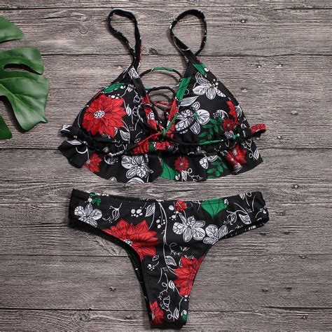 Frauen Bikini Neue Brasilianische Blumendruck Bikini Set Bademode